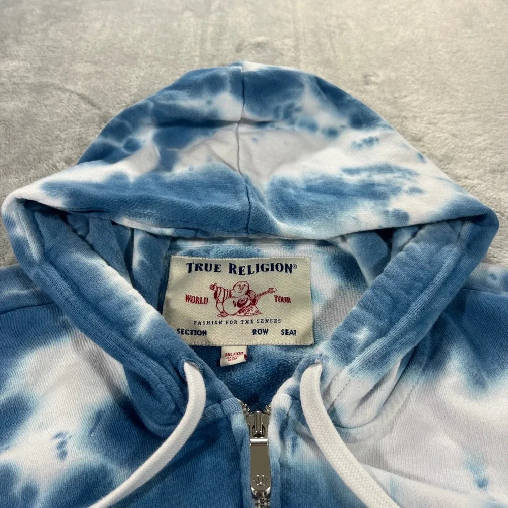 TRUE RELIGION Hoodie Mens 3XL Blue Tie Dye Good Full Zip Applique Grunge Skater